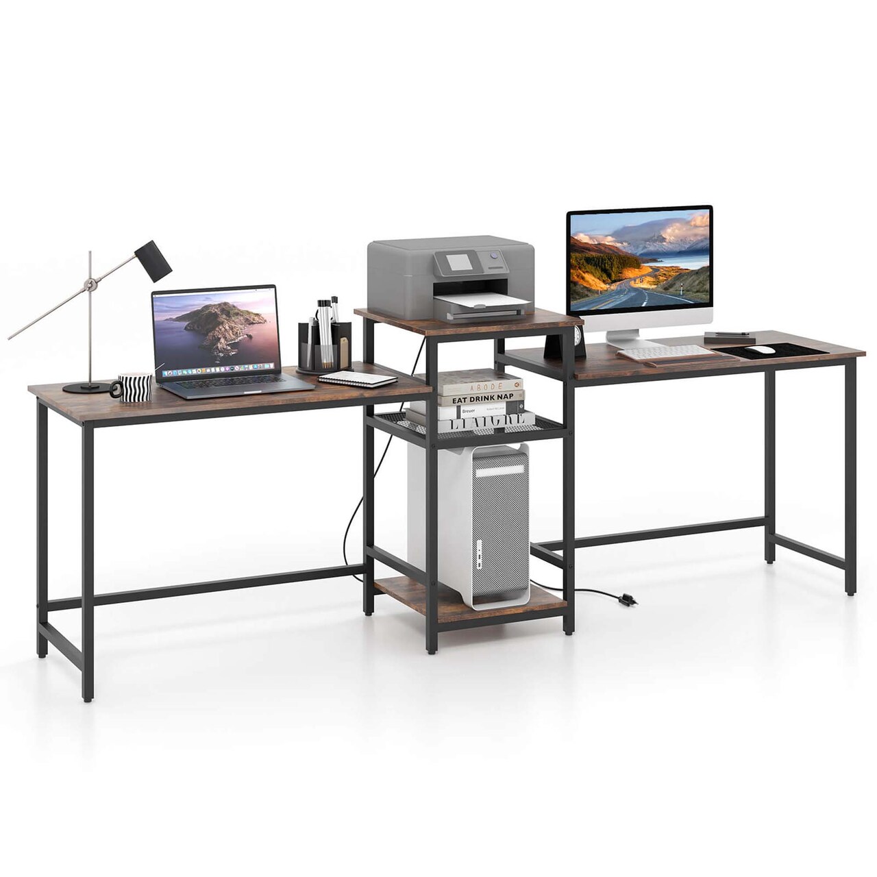 Costway 97 Inch Two Person Desk Double Computer Desk with Power Outlets Printer Stand
